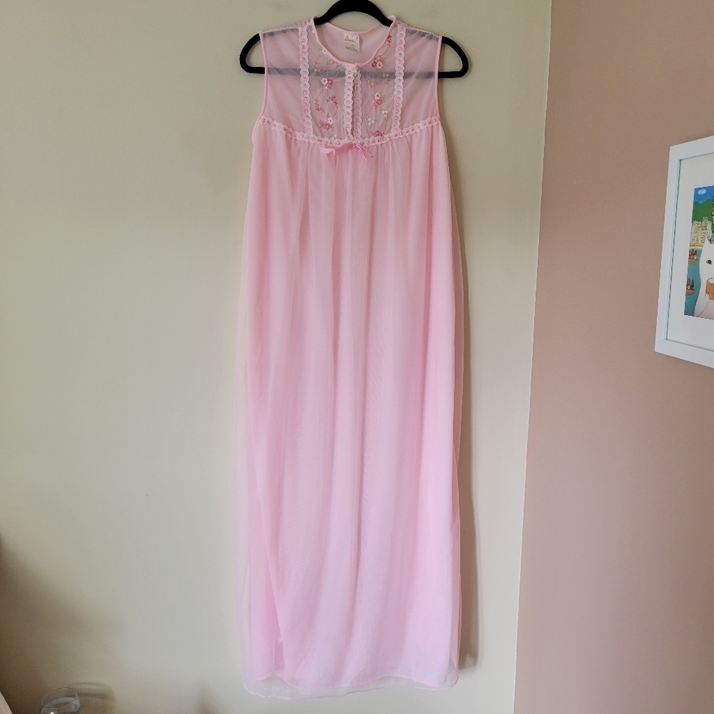 Vintage 60s Nylon Tricot Chiffon Sleeveless Long Nightgown Nightie Dress sz M